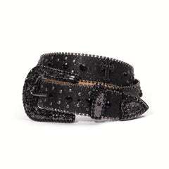 Glitter Buckle Rhinestone Belt Boho PU Leather Western Rivet Jeans Pants Women