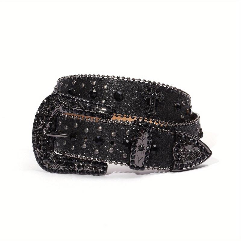 Glitter Buckle Rhinestone Belt Boho PU Leather Western Rivet Jeans Pants Women