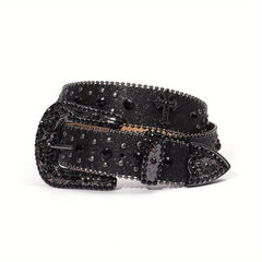 Glitter Buckle Rhinestone Belt Boho PU Leather Western Rivet Jeans Pants Women