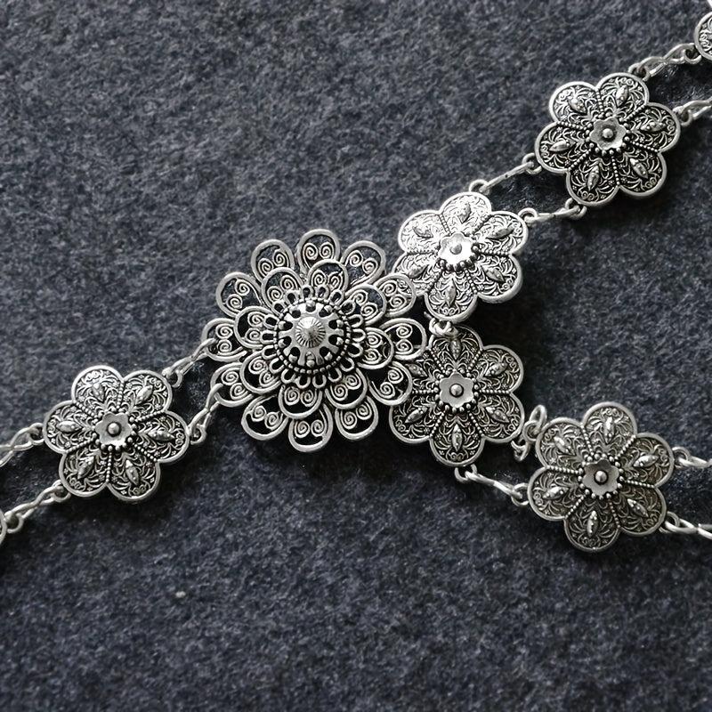 Boho Flower Hollow Out Belt Silvery Metal Waist Chain Dress Girdle