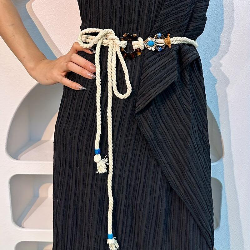Vintage Flower Buckle Rope Belt Boho Woven Lace Up Waistband