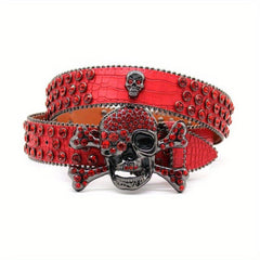 Y2K Punk Skull Rhinestone Belt Red PU Leather Jeans Pants Belt