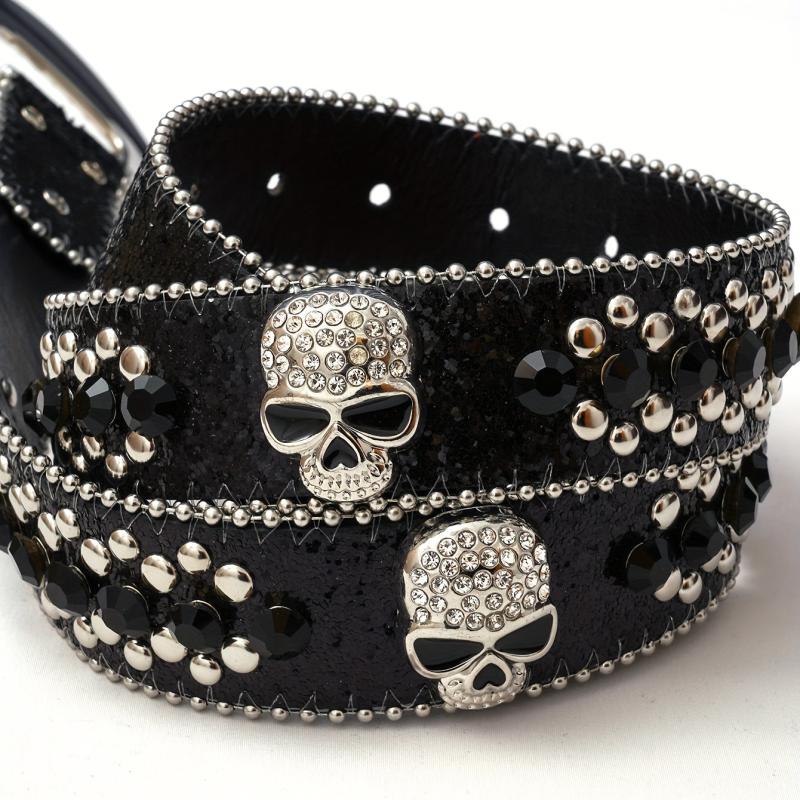 Skull Rivet Rhinestone Belt Hip Hop PU Leather Western Cowboy Cowgirl Bling Belt