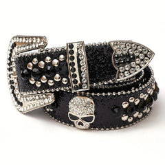Skull Rivet Rhinestone Belt Hip Hop PU Leather Western Cowboy Cowgirl Bling Belt