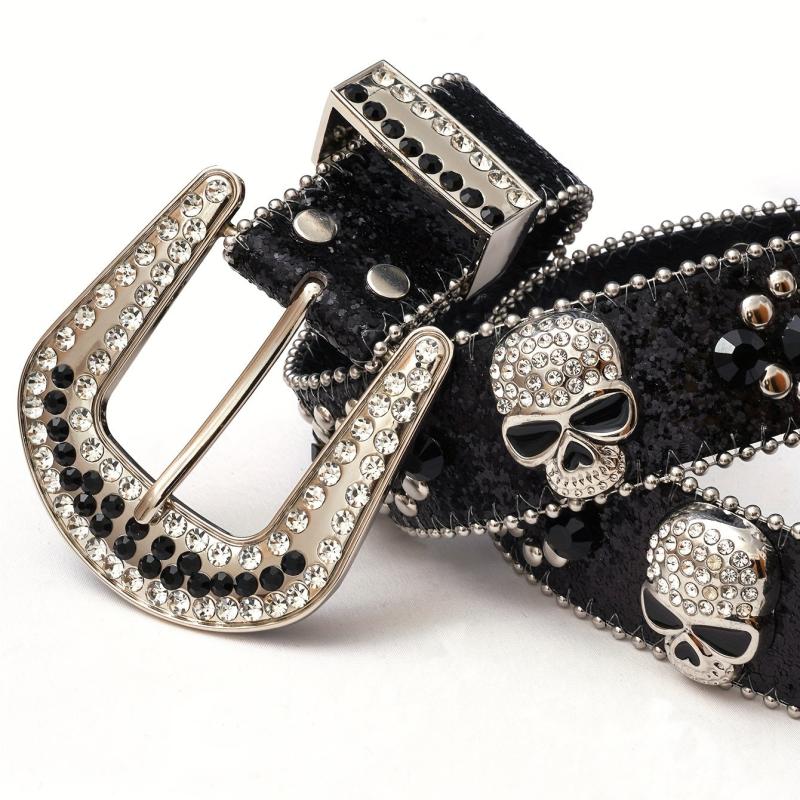 Skull Rivet Rhinestone Belt Hip Hop PU Leather Western Cowboy Cowgirl Bling Belt