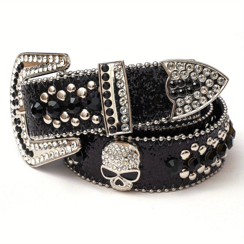 Skull Rivet Rhinestone Belt Hip Hop PU Leather Western Cowboy Cowgirl Bling Belt