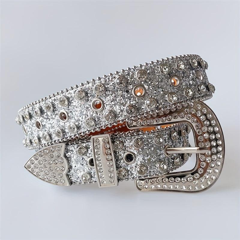Western Punk Rhinestones Belts For Women Vintage PU Leather Jeans Belts