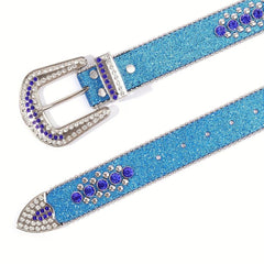 Rhinestone Skull Rivet Belt - Glitter PU Leather - Punk Hip Hop Style