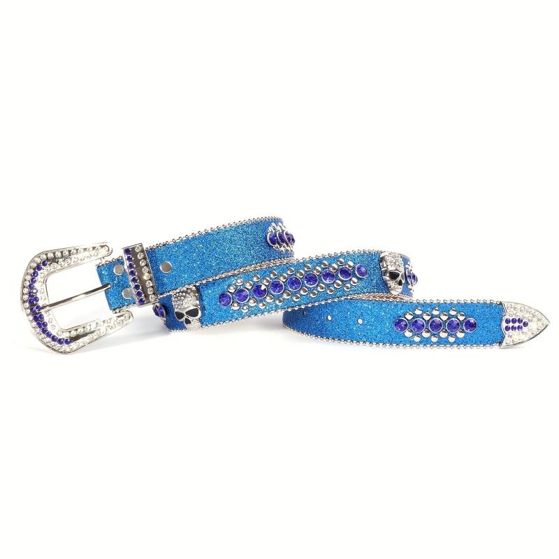 Rhinestone Skull Rivet Belt - Glitter PU Leather - Punk Hip Hop Style