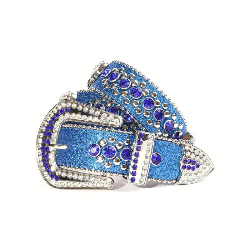 Rhinestone Skull Rivet Belt - Glitter PU Leather - Punk Hip Hop Style