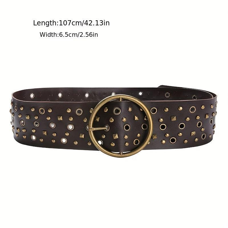 Vintage Brown Steampunk Hollow Out PU Leather Wide Belt with Large Round Buckle