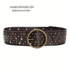 Vintage Brown Steampunk Hollow Out PU Leather Wide Belt with Large Round Buckle