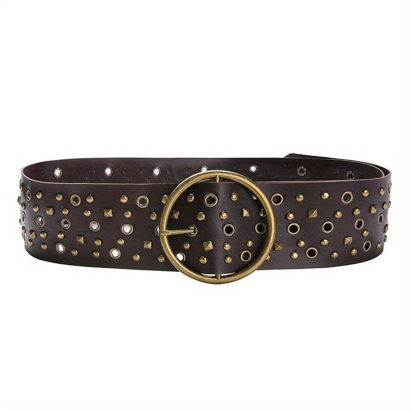 Vintage Brown Steampunk Hollow Out PU Leather Wide Belt with Large Round Buckle