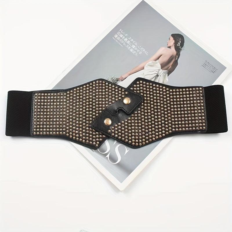 Rivet Decor Cross Belt Elastic PU Leather Wide Belt for Women
