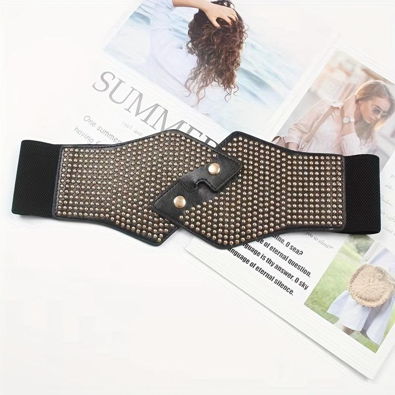 Rivet Decor Cross Belt Elastic PU Leather Wide Belt for Women