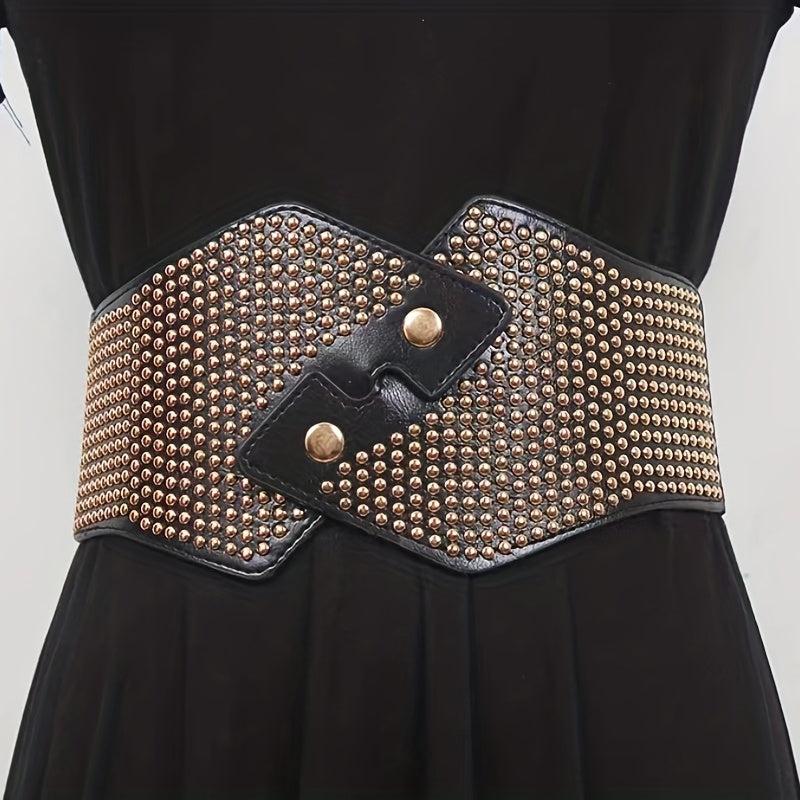 Rivet Decor Cross Belt Elastic PU Leather Wide Belt for Women