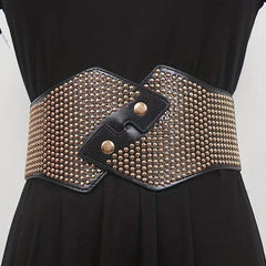 Rivet Decor Cross Belt Elastic PU Leather Wide Belt for Women