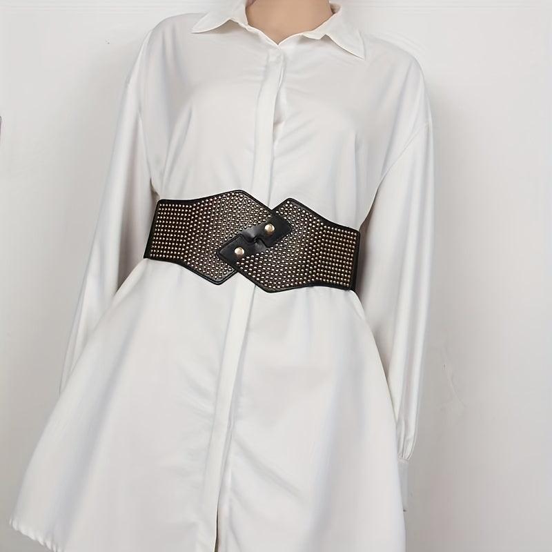 Rivet Decor Cross Belt Elastic PU Leather Wide Belt for Women
