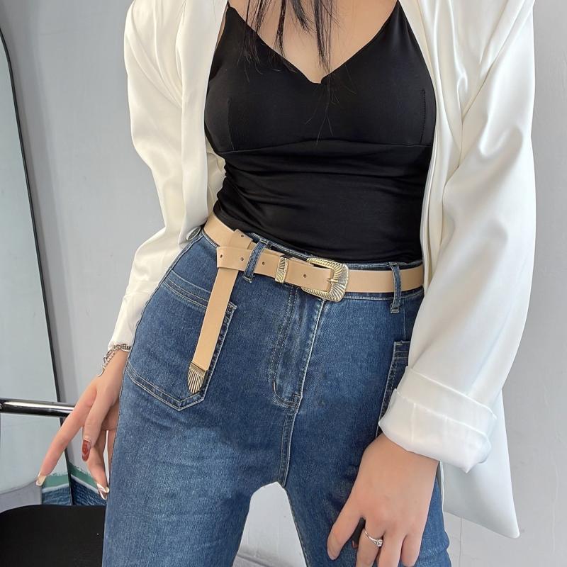 Striped Carved Buckle Belt Apricot PU Vintage Belt for Women