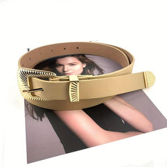 Striped Carved Buckle Belt Apricot PU Vintage Belt for Women