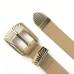 Striped Carved Buckle Belt Apricot PU Vintage Belt for Women