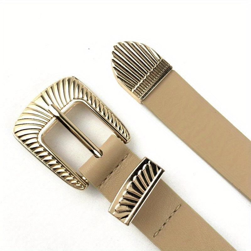 Striped Carved Buckle Belt Apricot PU Vintage Belt for Women