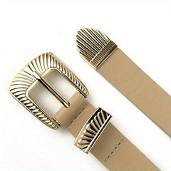 Striped Carved Buckle Belt Apricot PU Vintage Belt for Women