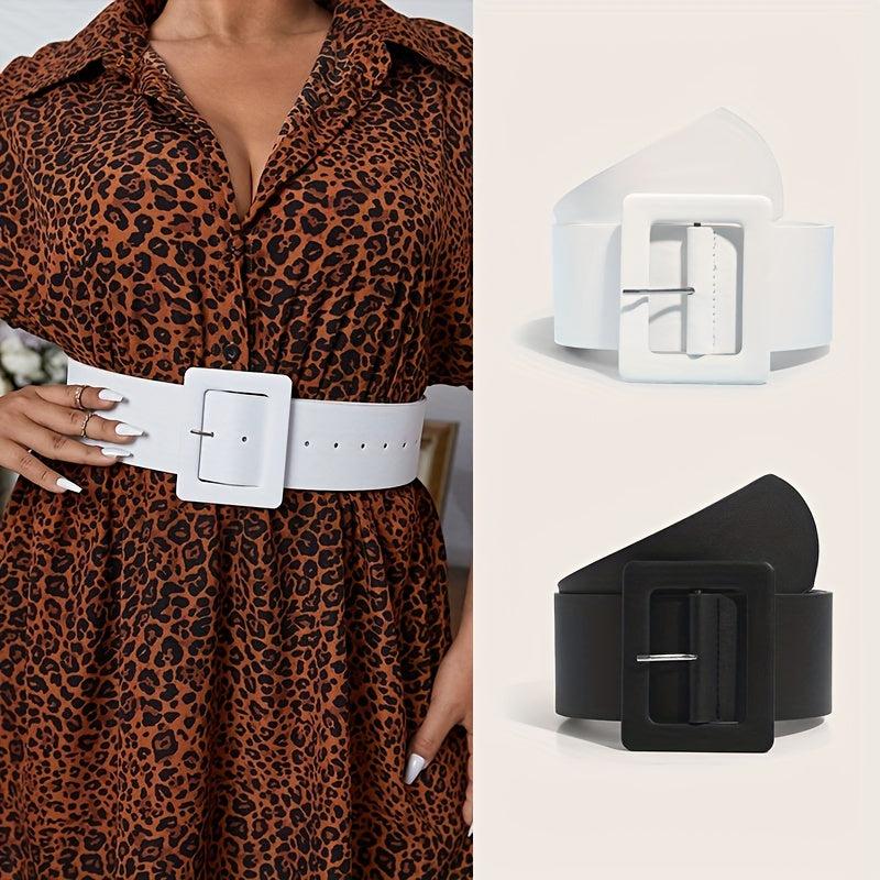 Wide PU Leather Belt Square Pin Buckle Vintage Dress Coat Girdle Women