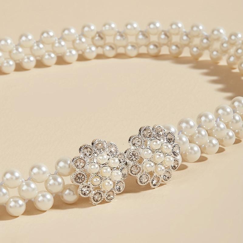 Faux Pearl Waist Chain Elastic Belt Snowflake Buckle Girdle