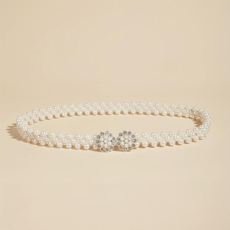 Faux Pearl Waist Chain Elastic Belt Snowflake Buckle Girdle