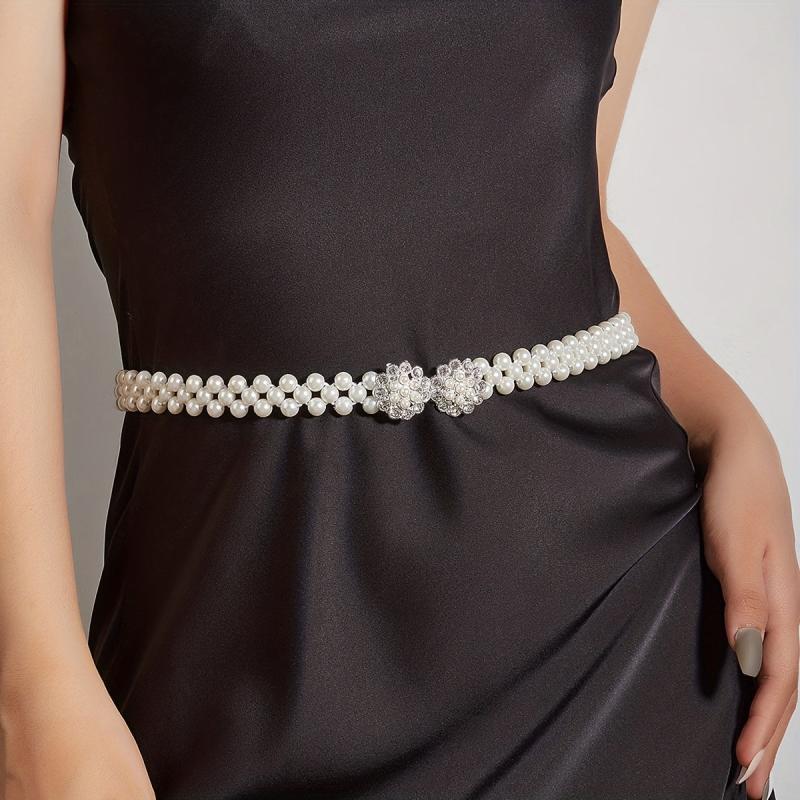 Faux Pearl Waist Chain Elastic Belt Snowflake Buckle Girdle