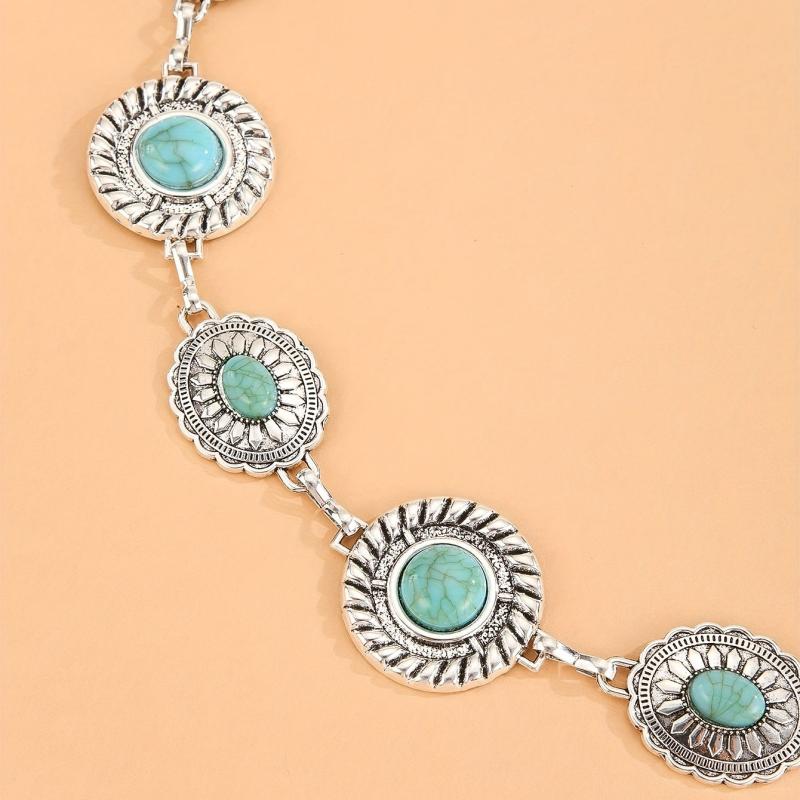 Boho Turquoise Silvery Waist Chain Vintage Western Metal Chain Belt Dress Girdle