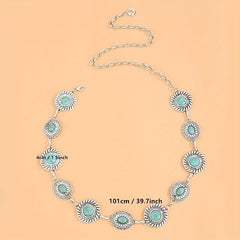 Boho Turquoise Silvery Waist Chain Vintage Western Metal Chain Belt Dress Girdle