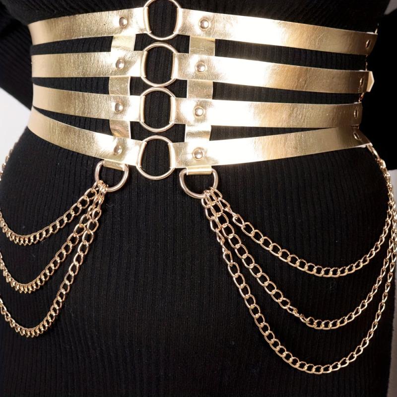 Golden Harness Belt Gothic Chain Fringe Layer PU Leather Waistband