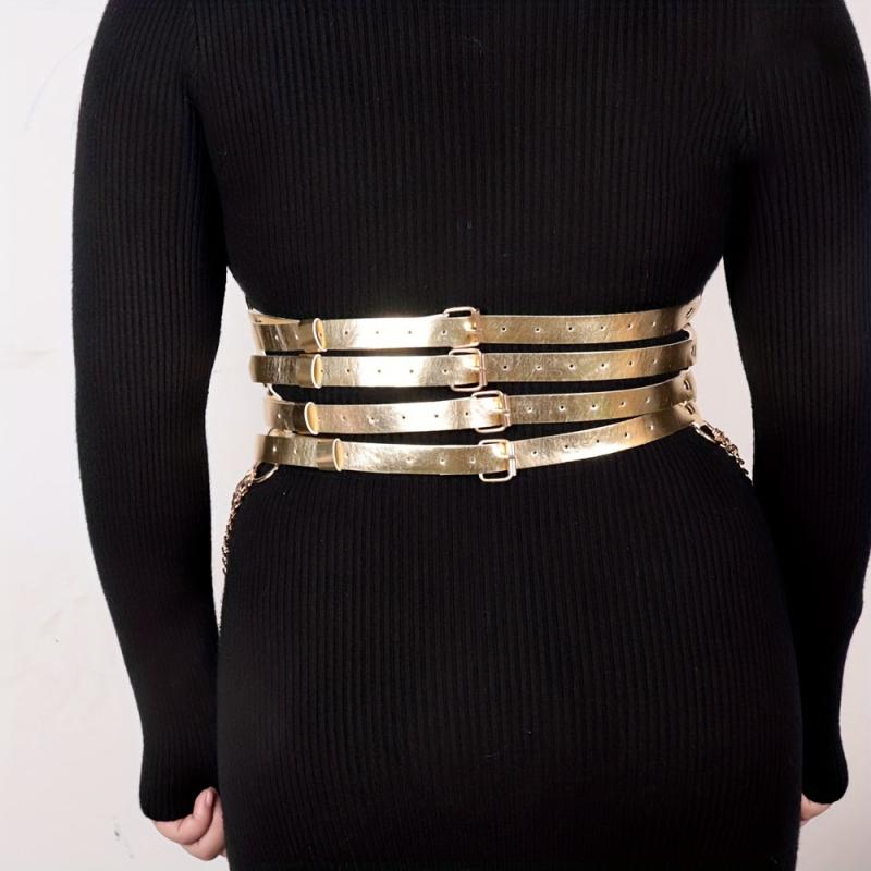  Golden Harness Belt Gothic Chain Fringe Layer PU Leather Waistband
