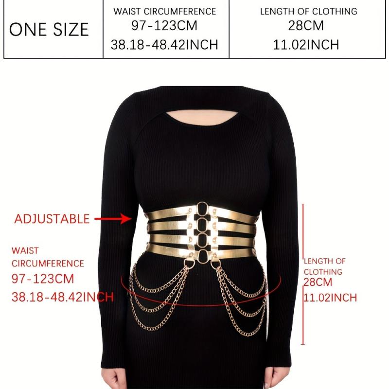  Golden Harness Belt Gothic Chain Fringe Layer PU Leather Waistband