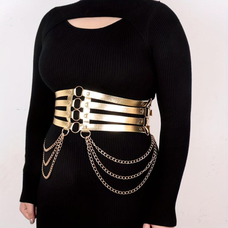  Golden Harness Belt Gothic Chain Fringe Layer PU Leather Waistband