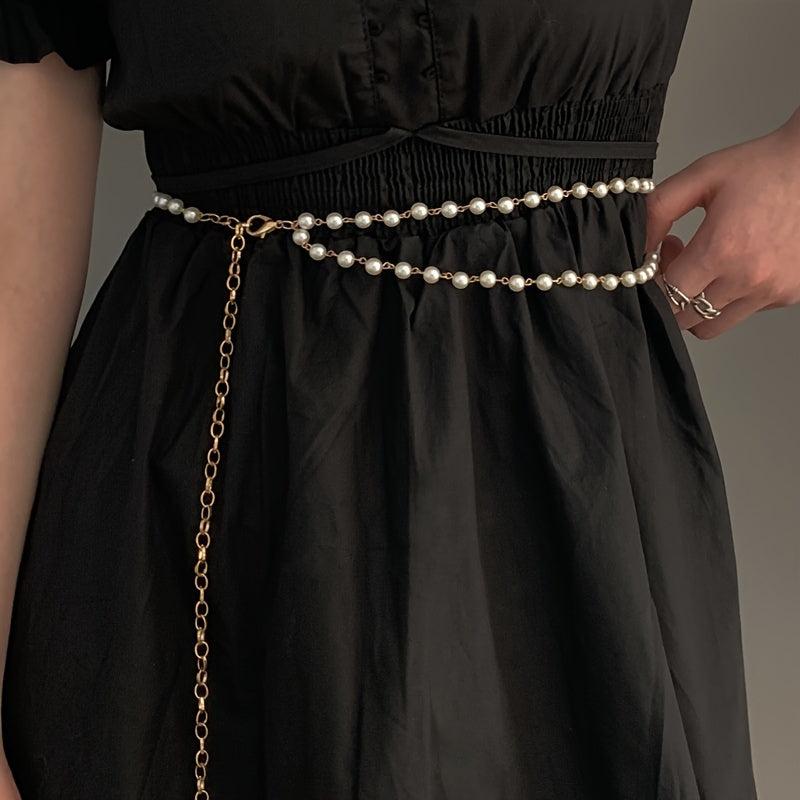 Vintage Faux Pearl Waist Chain Thin Belt