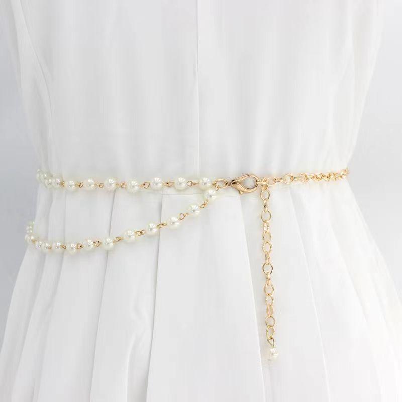 Vintage Faux Pearl Waist Chain Thin Belt
