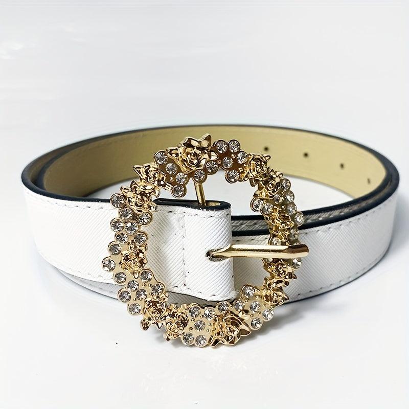 Matte Belt Rhinestone Round Carved Buckle Belt for Women