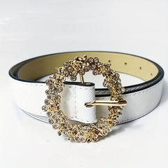 Matte Belt Rhinestone Round Carved Buckle Belt for Women