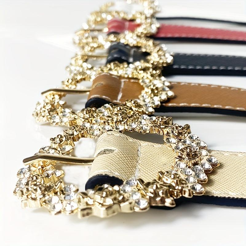 Matte Belt Rhinestone Round Carved Buckle Belt for Women