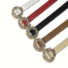Matte Belt Rhinestone Round Carved Buckle Belt for Women