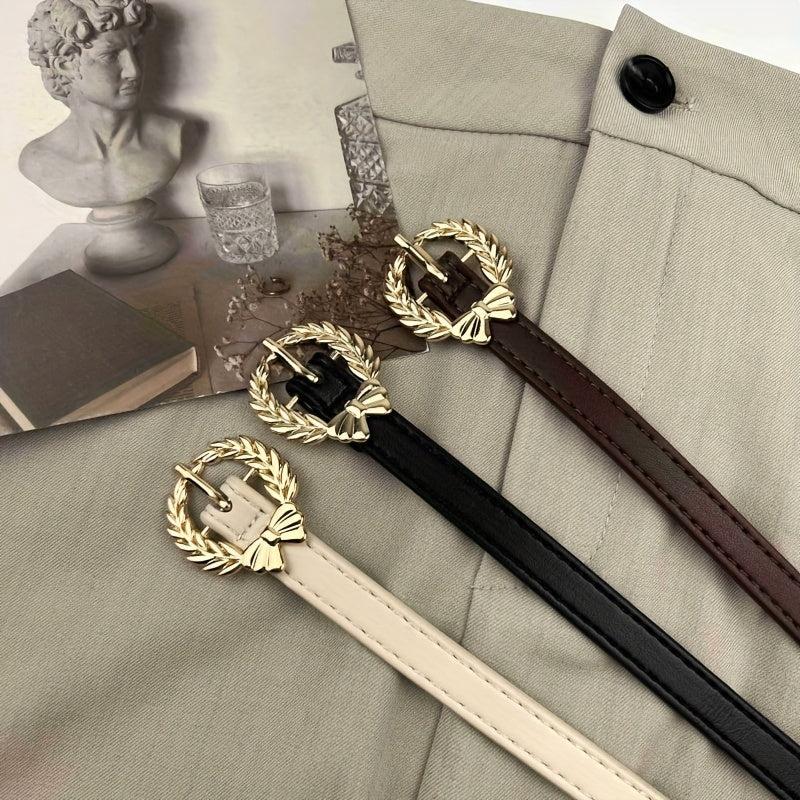 Bowknot Leaf Buckle Thin Belt PU Leather Waist Belt for Women