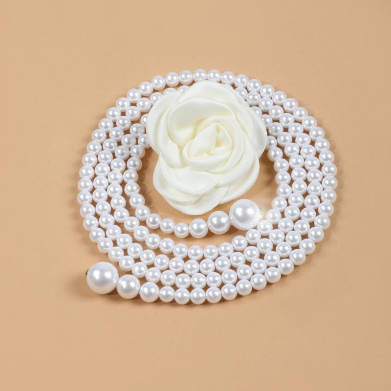 Faux Pearl Waist Chain Rose Decor Waistband Dress Sweater Girdle