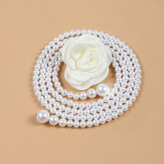 Faux Pearl Waist Chain Rose Decor Waistband Dress Sweater Girdle