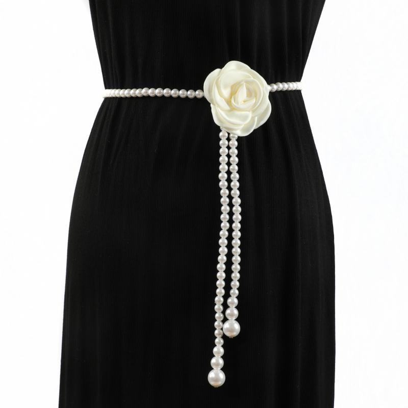 Faux Pearl Waist Chain Rose Decor Waistband Dress Sweater Girdle