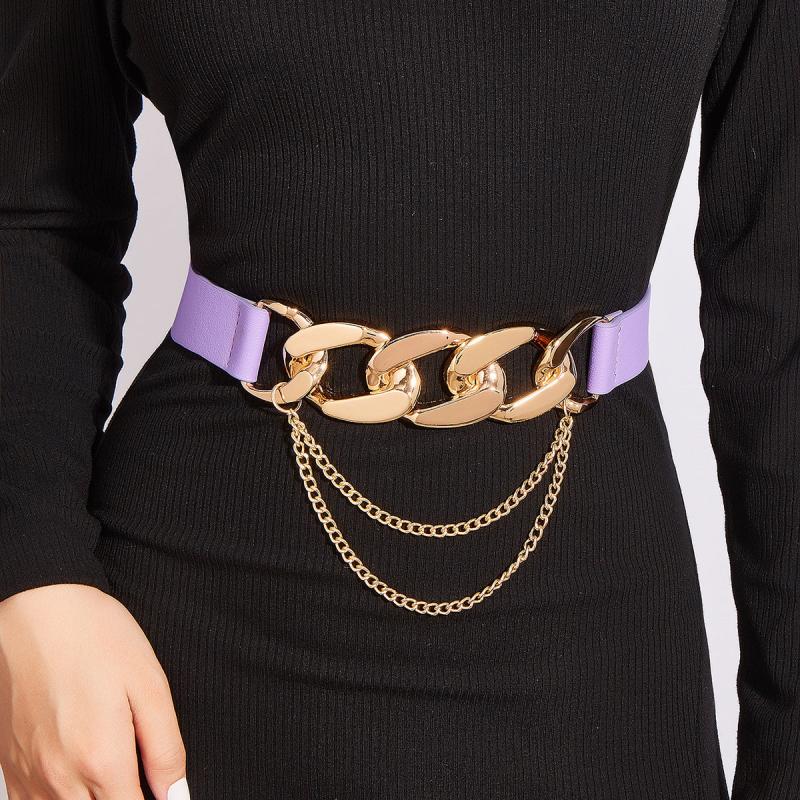 Women's Elastic Belt with Chain Decor Metal Buckle