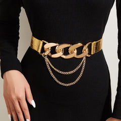 Women's Elastic Belt with Chain Decor Metal Buckle
