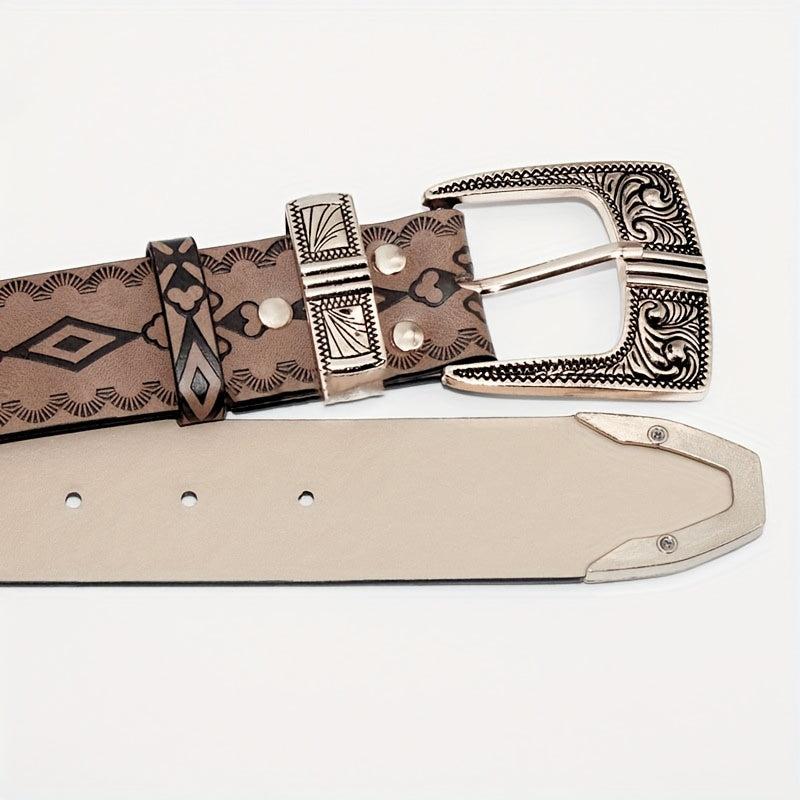 Vintage Embossed PU Belt Boho Carved Buckle Cowboy Cowgirl Waistband